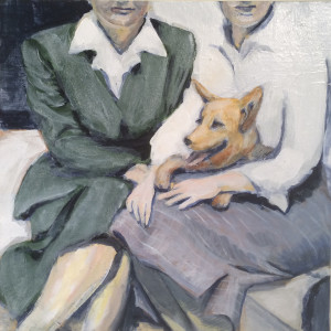 2 women and red dog 12 x 12 CARAMEL